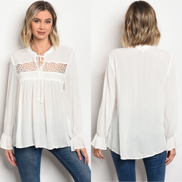 Glamvault Tops - LAST! Off White Boho Blouse with Tassel Keyhole